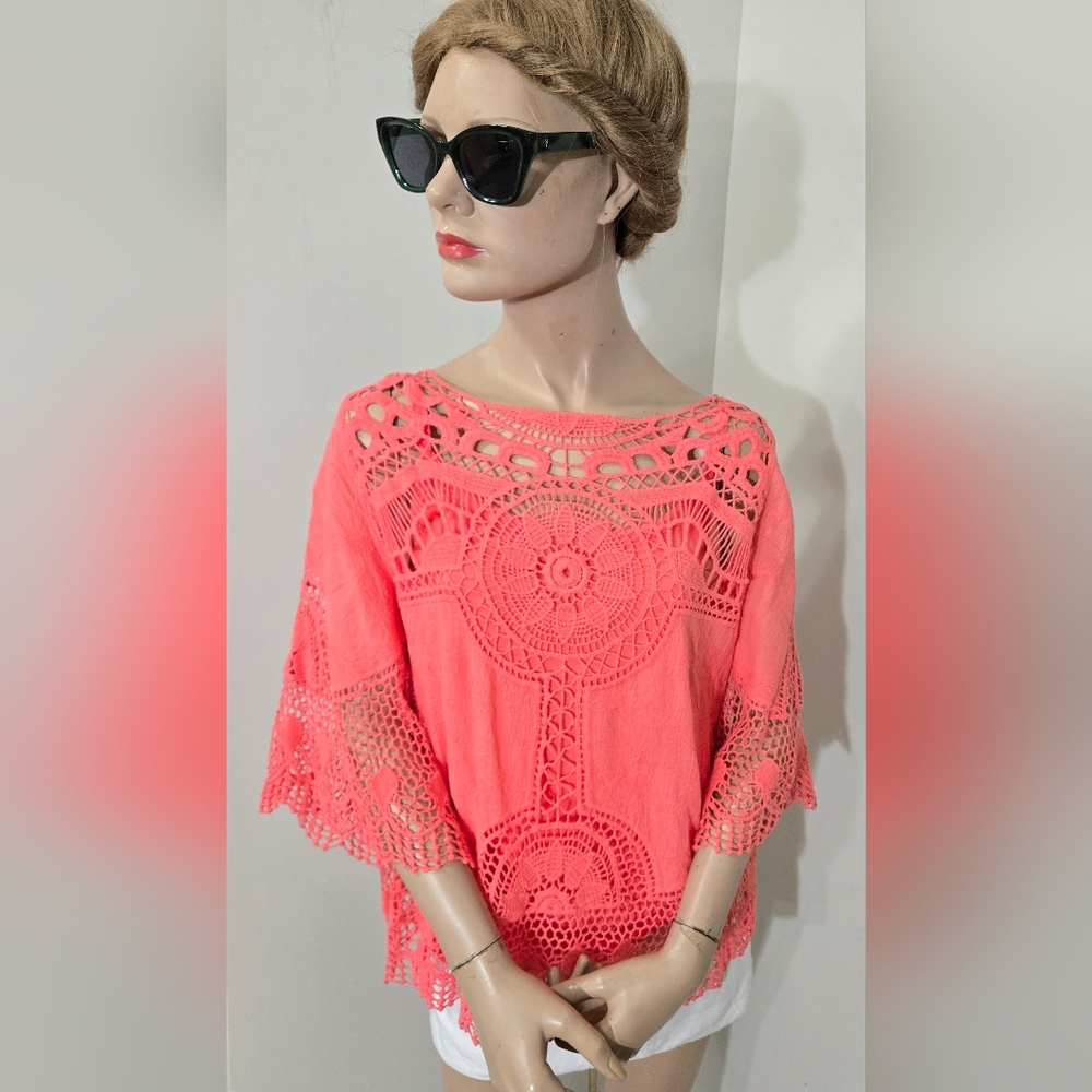 Democracy Coral Crochet Lace Peasant Top